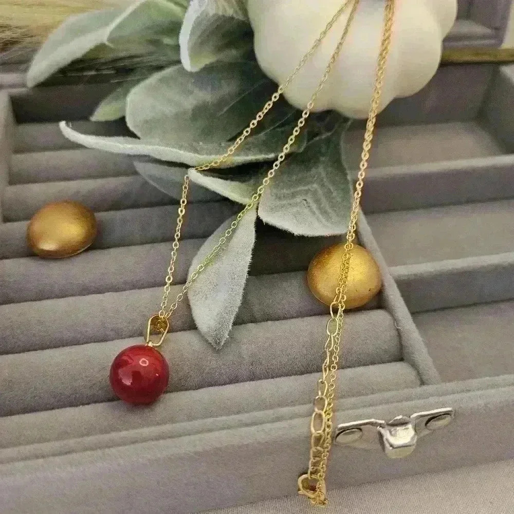 Minimalist RED BEAN collarbone pendant necklace 14k gold plated alloy